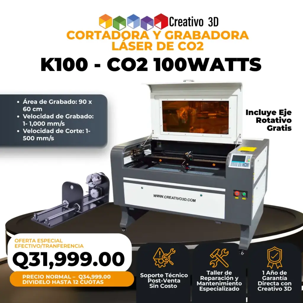 K100 Cortadora y Grabadora Láser CO2 – 100 Watts (90×60 cm) – 220V