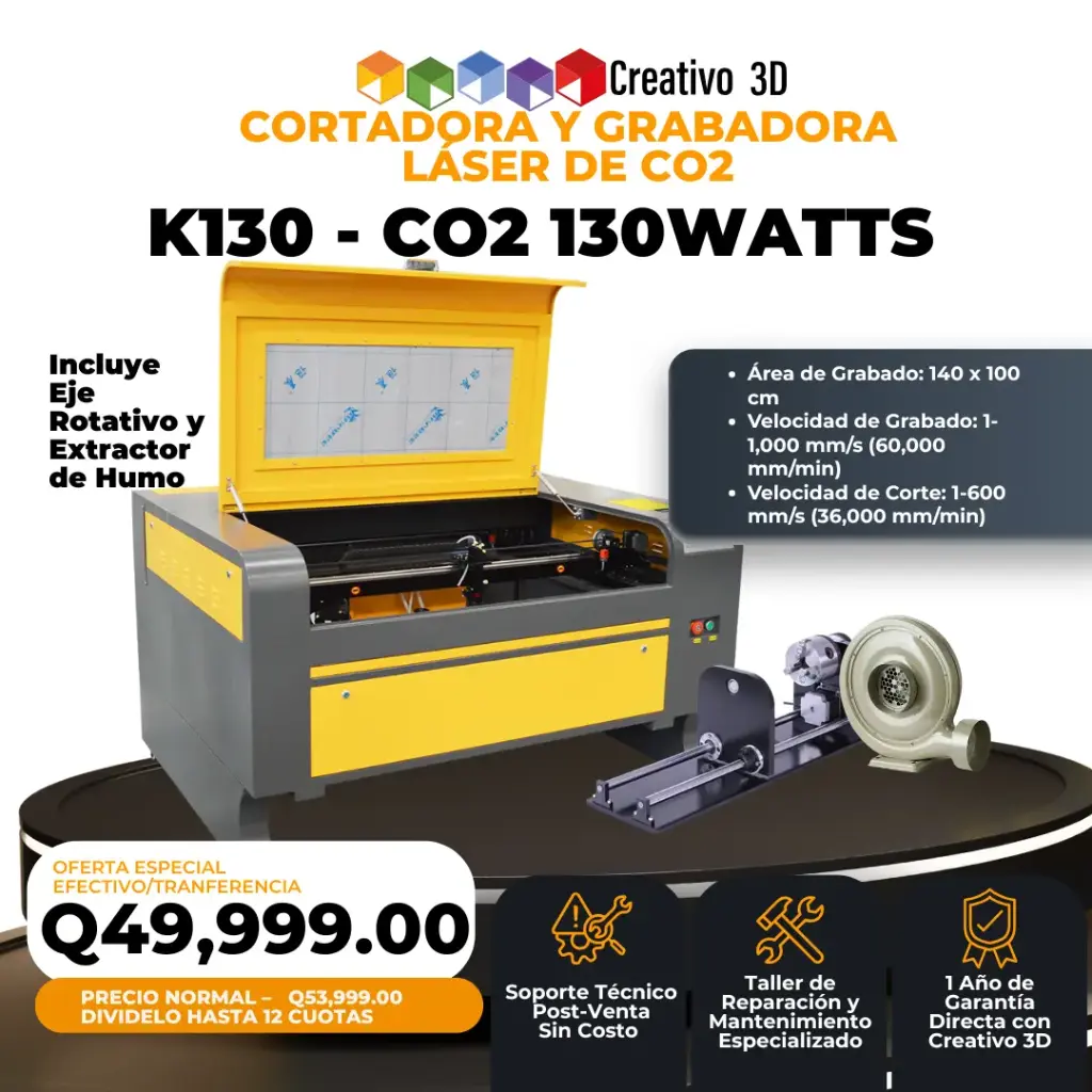 K130 Cortadora y Grabadora Láser CO2 Industrial – 130 Watts – 1.40×1.00 metros – 220v