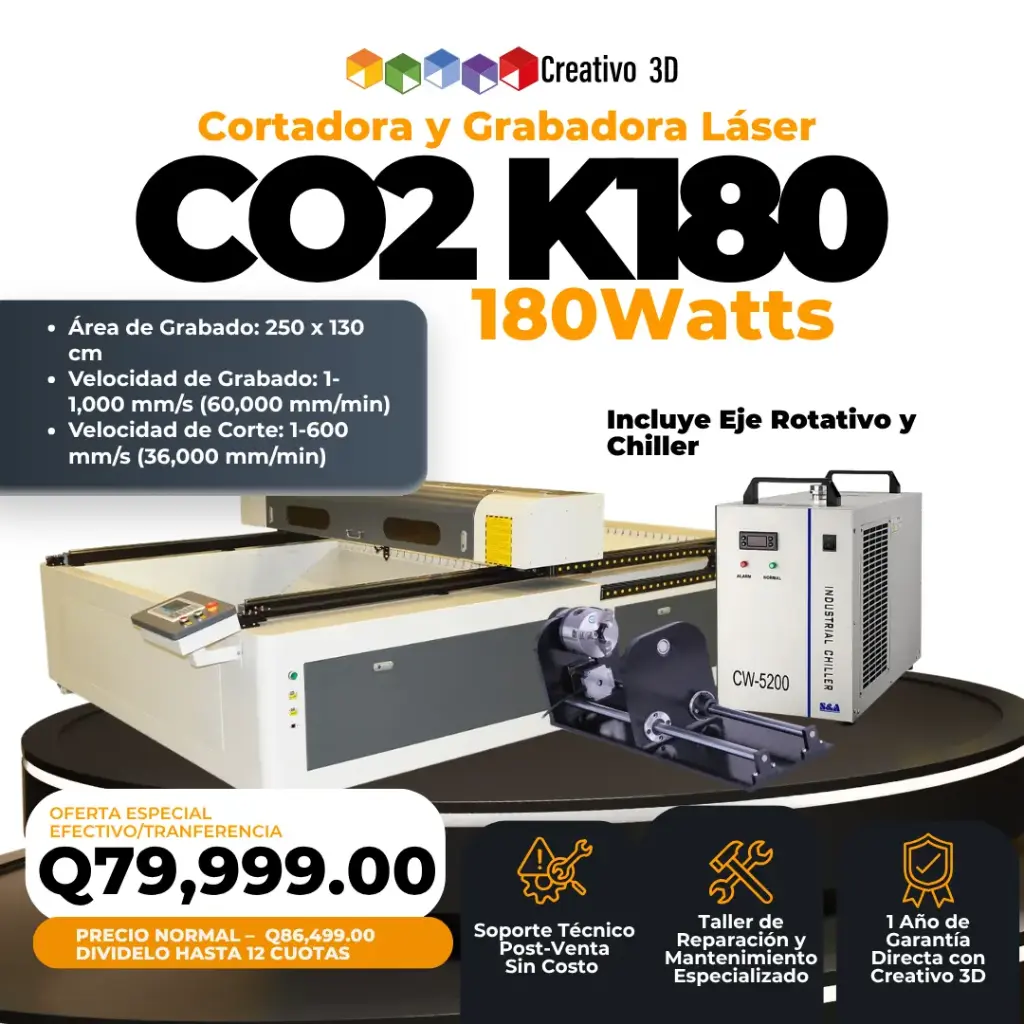 K180 Cortadora y Grabadora Láser CO2 Industrial – 180 Watts – 2.50×1.30 metros [Incluye Chiller CW5200 + Eje Rotativo + Accesorios] – 220v