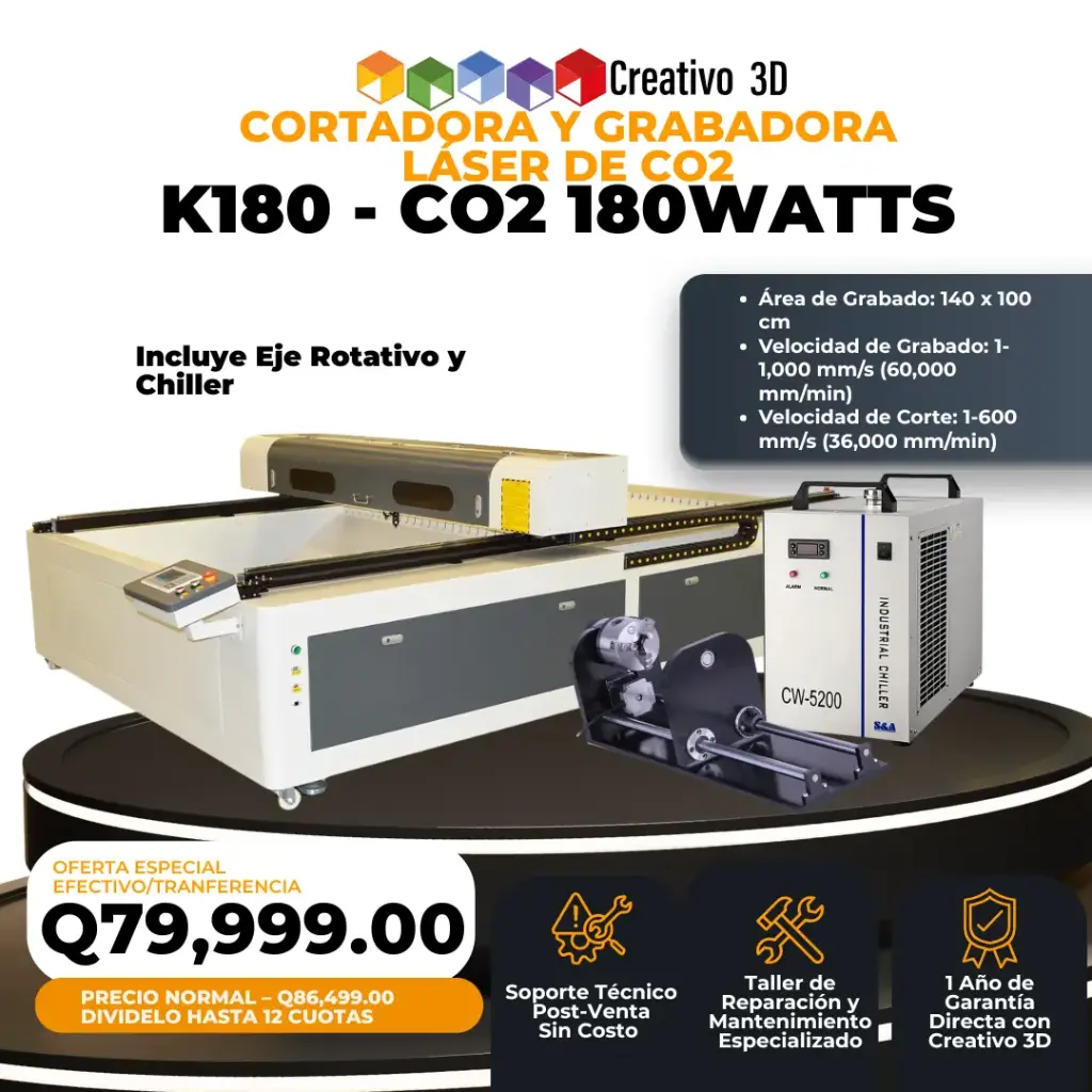 K180 Cortadora y Grabadora Láser CO2 Industrial – 180 Watts – 2.50×1.30 metros [Incluye Chiller CW5200 + Eje Rotativo + Accesorios] – 220v