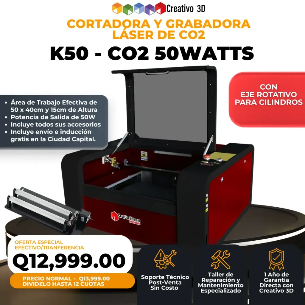 Cortadora y Grabadora Láser K50 – CO2 50Watts (50×40 cm) + Eje Rotativo de Rodos – 110V