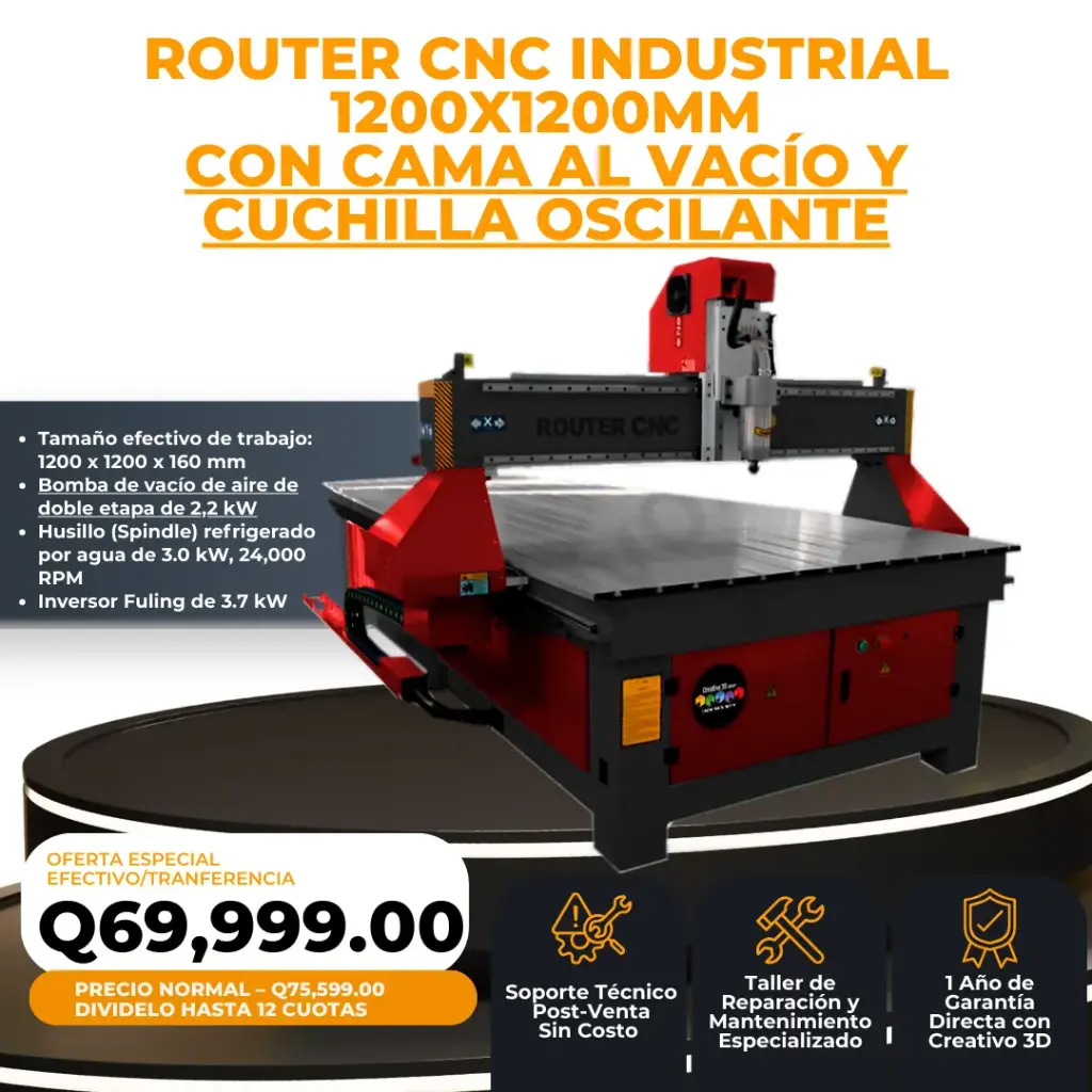 Router CNC Industrial 1200x1200mm con cama al vacío y spindle refrigerado por agua de 3.0kW – 24,000 RPM