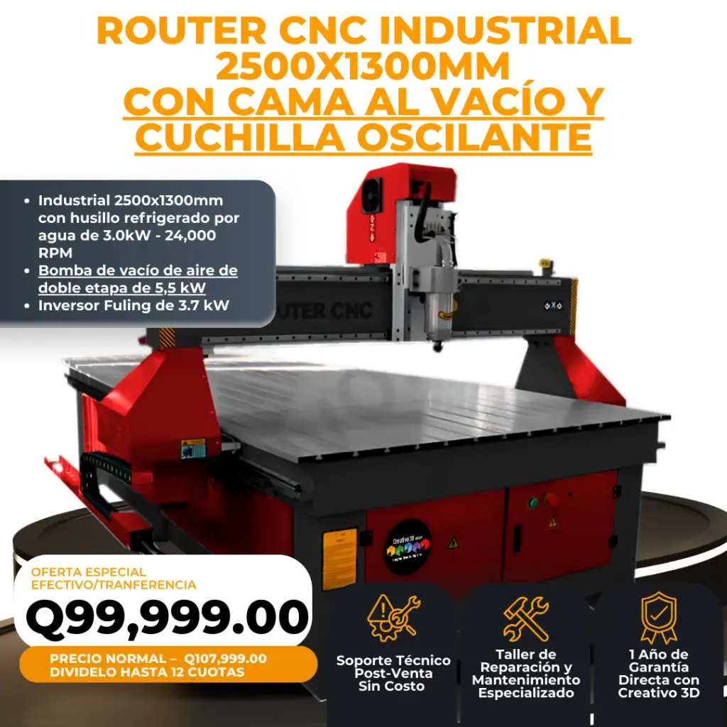 Router CNC 1325 – Industrial 2500x1300mm con cama al vacío, cuchulla oscilante y spindle refrigerado por agua de 3.0kW – 24,000 RPM