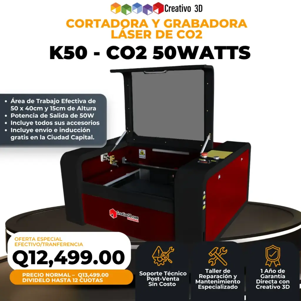 Cortadora y Grabadora Láser K50 – CO2 50Watts (50×40 cm) – 110V Básica