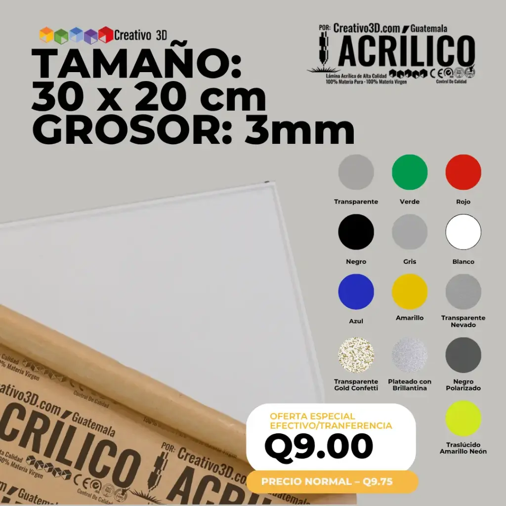 Plancha de Acrílico de 30 x 20 cm – 3mm | Acrílico Virgen en Varios Colores
