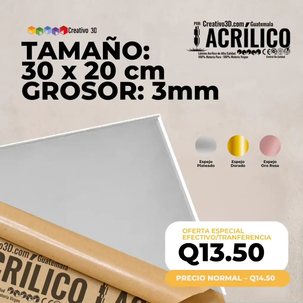 Plancha de Acrílico de 30 x 20 cm – 3mm | Acrílico Virgen en Colores Espejo