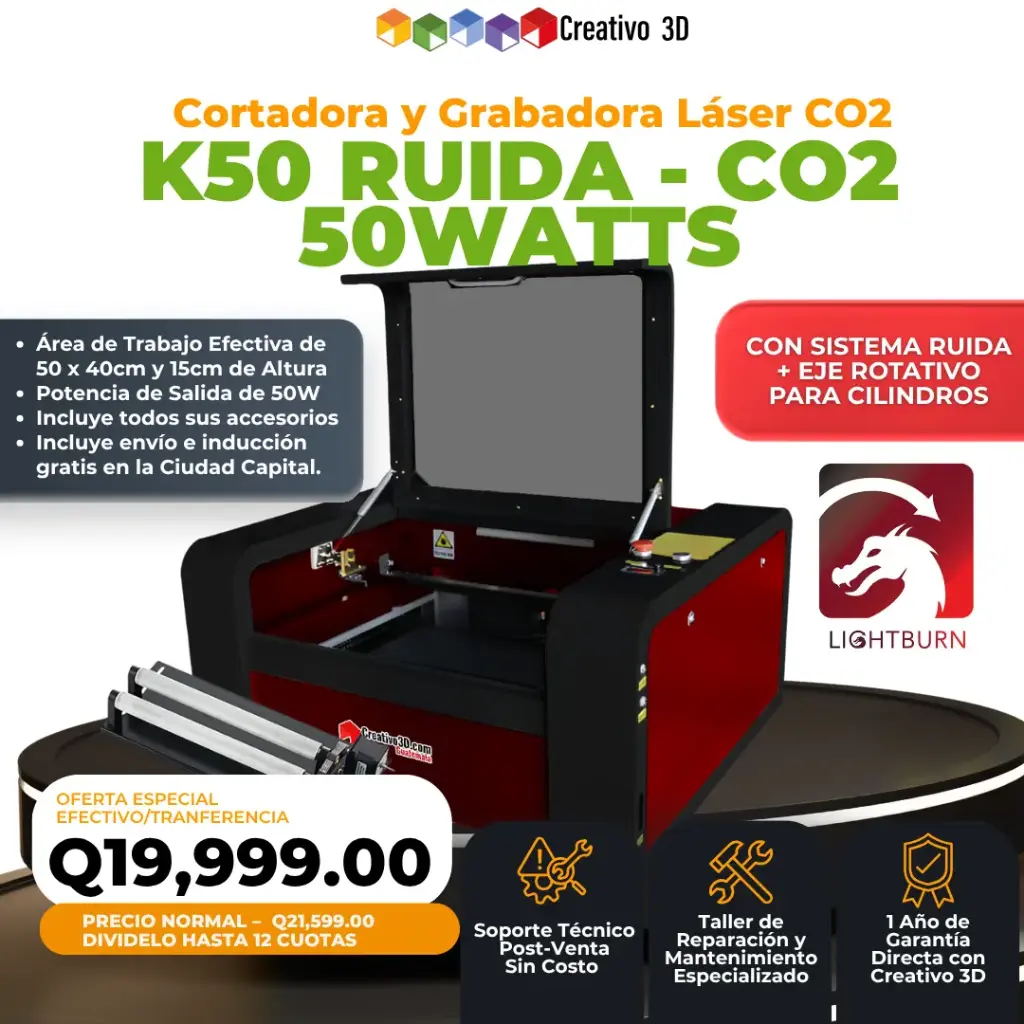 Cortadora y Grabadora Láser K50 Ruida – CO2 50Watts (50×40 cm) + Eje Rotativo de Rodos – 110V