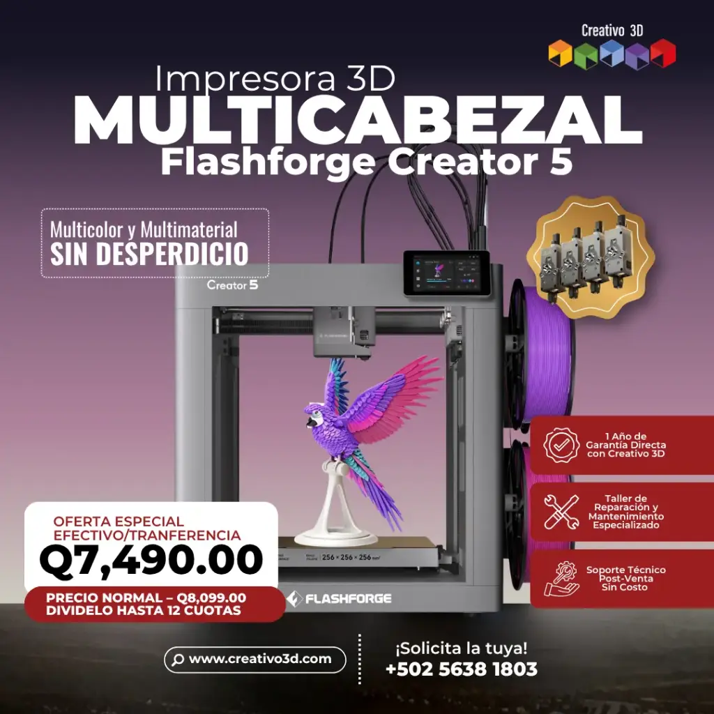 Impresora 3D multicolor Flashforge Creator 5 con 4 cabezales | Sin residuos de Purga