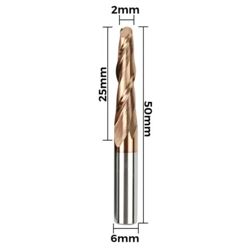 [110604398] Fresa Espiral de Punta Esférica Cónica Doble Filo Twotrees – Vástago 6 mm (6xR2.0x25x50)