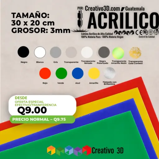 Plancha de Acrílico de 30 x 20 cm – 3mm | Acrílico Virgen en Varios Colores