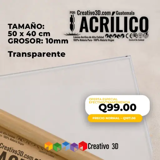 [10841] Plancha de Acrílico Transparente de 50 x 40 cm – 10mm