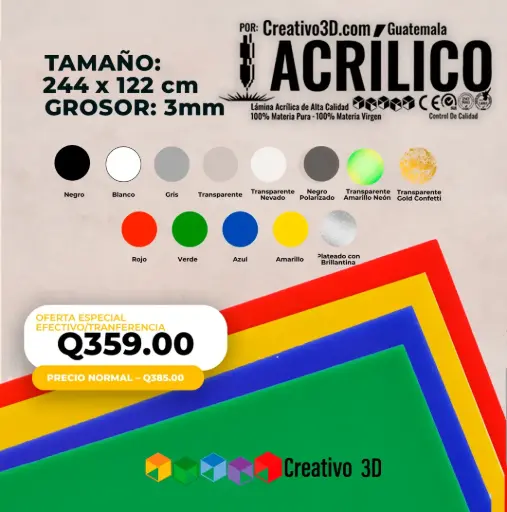 Plancha de Acrílico de 244 x 122 cm – 3mm | Acrílico Virgen en Varios Colores