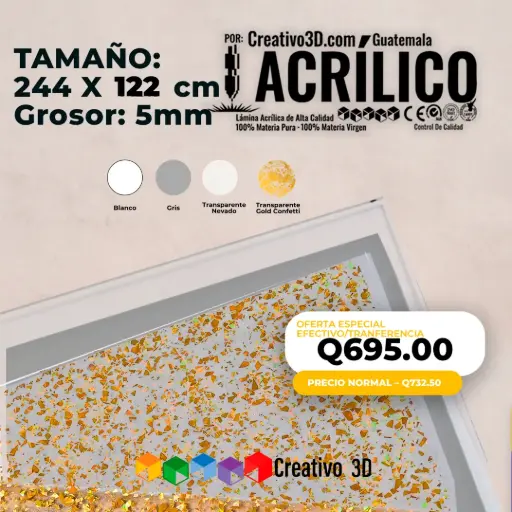 Plancha de Acrílico de 244 x 122 cm – 5mm | Acrílico Virgen en Varios Colores
