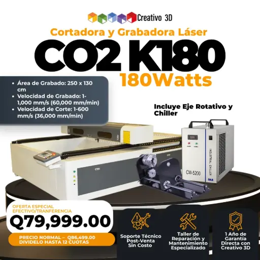 [10980] K180 Cortadora y Grabadora Láser CO2 Industrial – 180 Watts – 2.50×1.30 metros [Incluye Chiller CW5200 + Eje Rotativo + Accesorios] – 220v