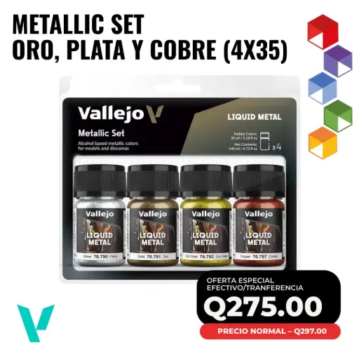 [70.199] Vallejo Metallic Set – Oro, Plata, Cobre, Oro Viejo (4×35 ml)