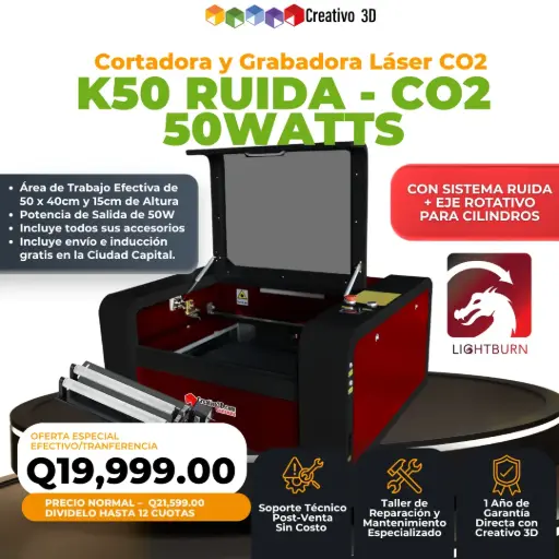 Cortadora y Grabadora Láser K50 Ruida – CO2 50Watts (50×40 cm) + Eje Rotativo de Rodos – 110V