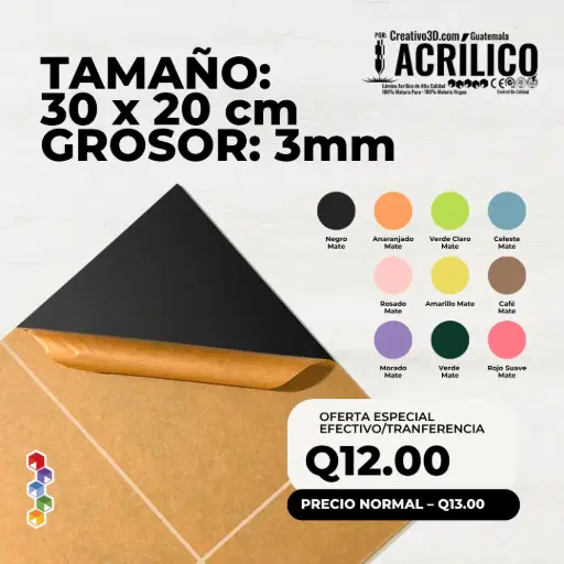 Plancha de Acrílico de 30 x 20 cm – 3mm | Acrílico Virgen en Colores Mate