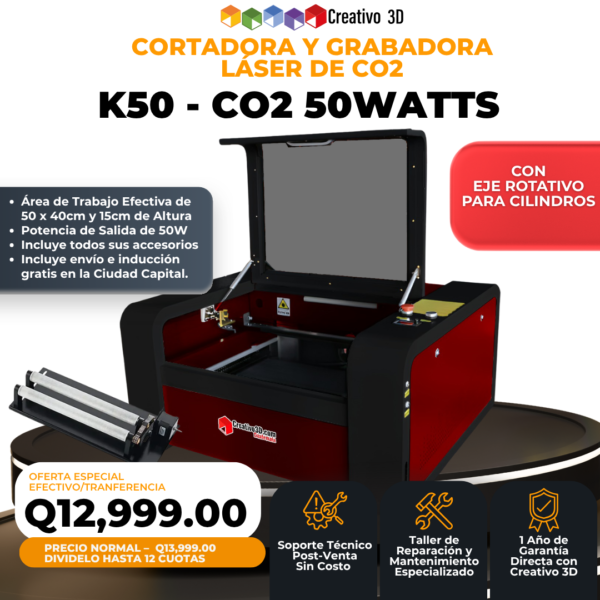 Cortadora y Grabadora Láser de CO2 K50 con Eje Rotativo de Rodos