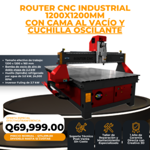 Router CNC Industrial 1200x1200mm con cama al vacío, cuchilla oscilante y spindle refrigerado por agua de 3.0kW - 24,000 RPM