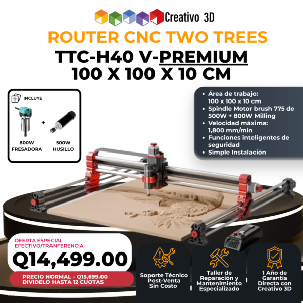 TwoTrees TTC-H40 Premium – CNC Router 100x100x10 cm con Spindle de 500W + Fresadora de 800W