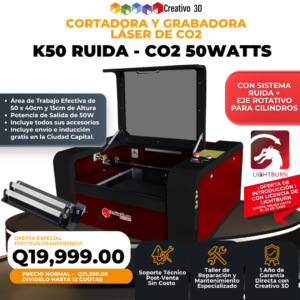 Cortadora y Grabadora Láser CO2 K50 (50x40cm) 50W – Versión Profesional Ruida V8 (7132)