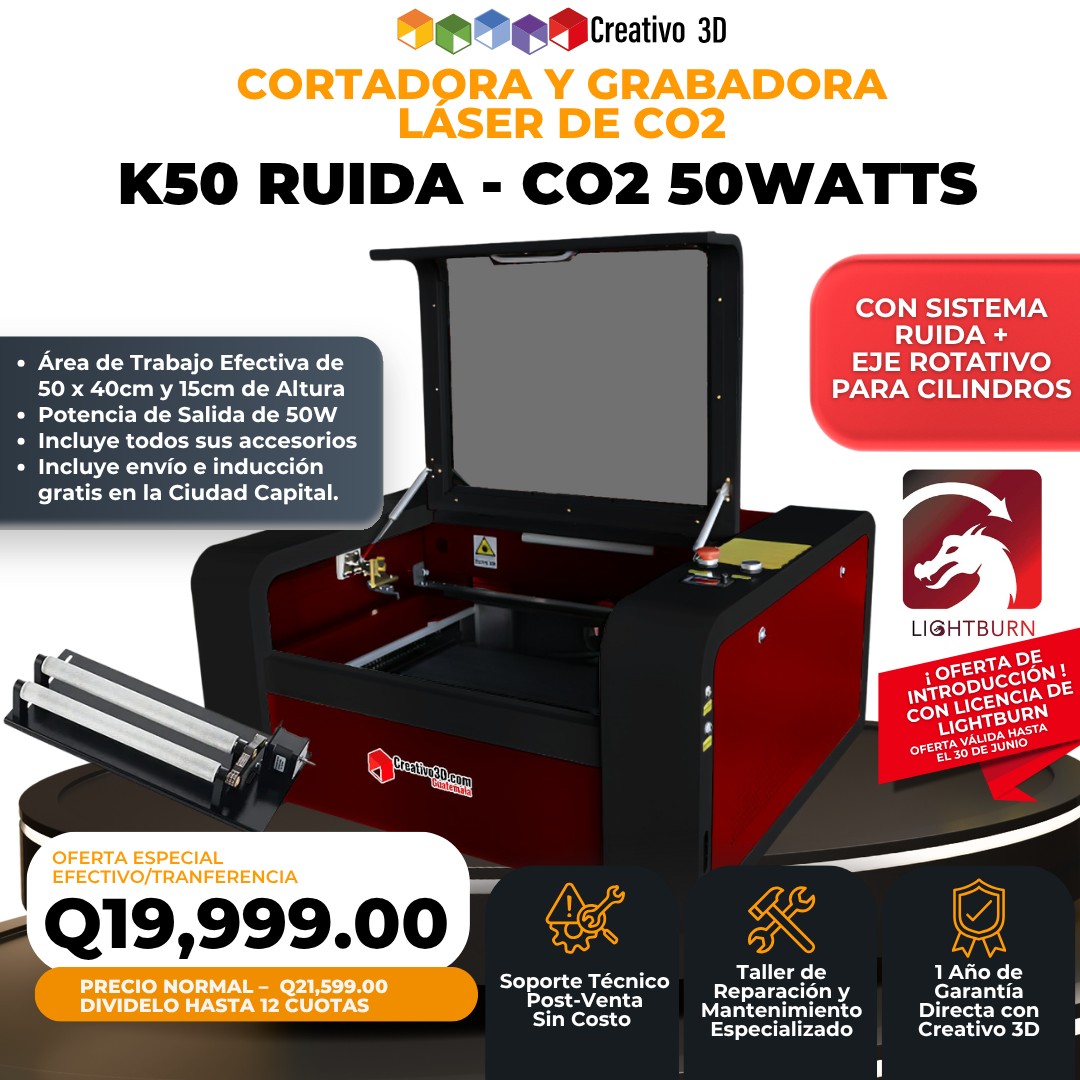 Cortadora y Grabadora Láser CO2 K50 (50x40cm) 50W – Versión Profesional Ruida V8 (7132) Cortadora y Grabadora Láser CO2 K50 (50x40cm) 50W – Versión Profesional Ruida V8 (7132)
