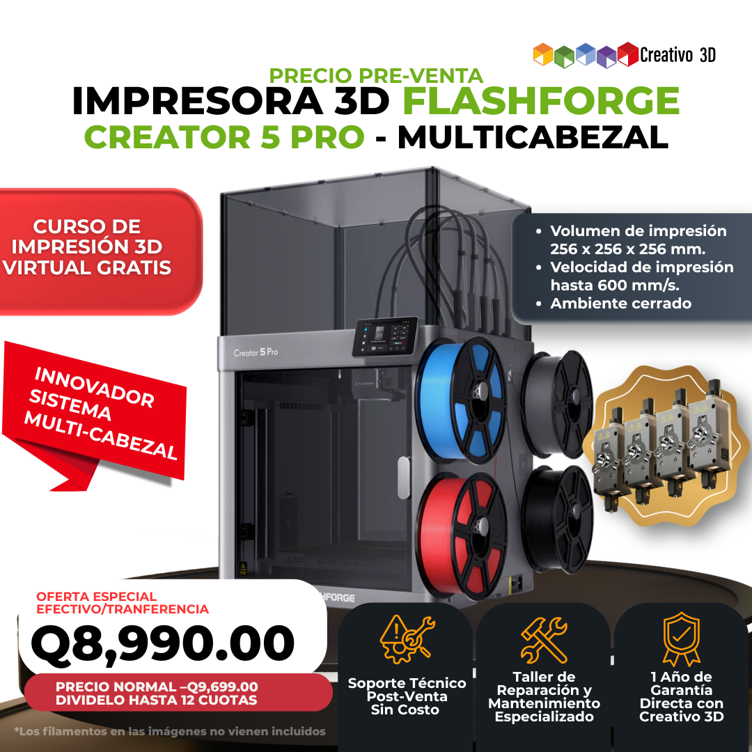 Impresora 3D Flashforge Creator 5 Pro - Sistema Multi-Cabezal con Cámara Calefactada